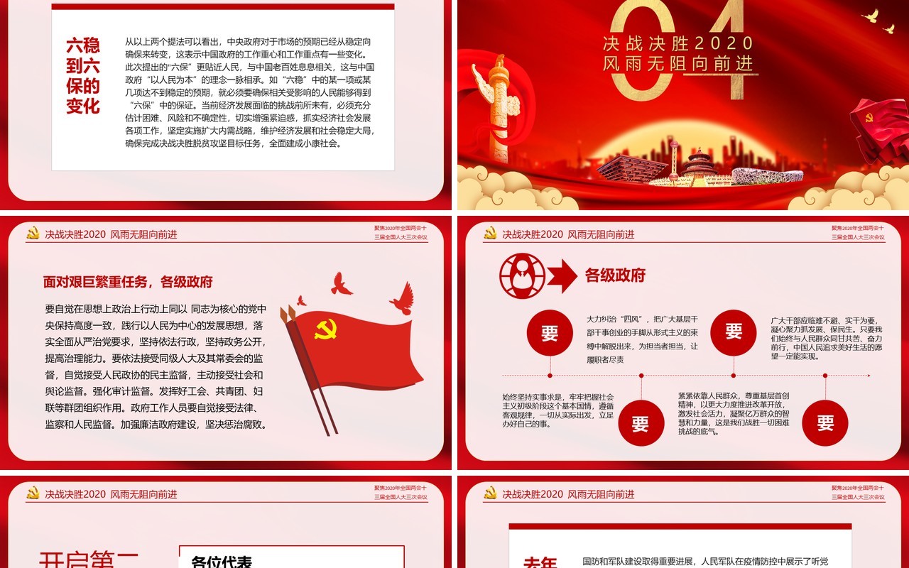 红色聚焦2020年全国两会政府工作报告解读学习党课PPT模板