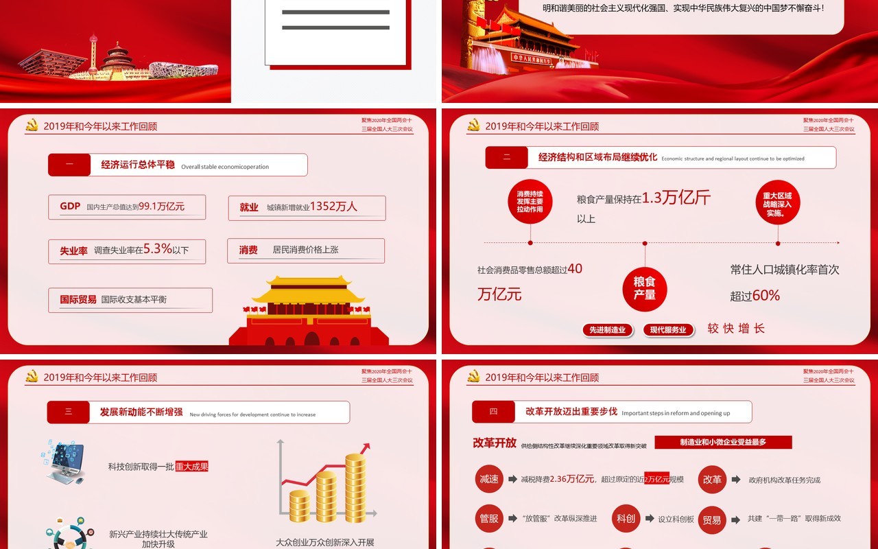 红色聚焦2020年全国两会政府工作报告解读学习党课PPT模板