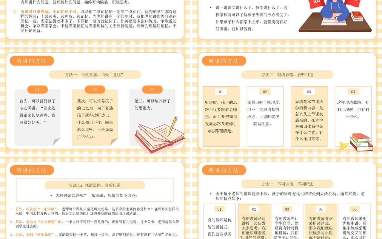 橙色卡通风中小学生如何正确听讲PPT模板