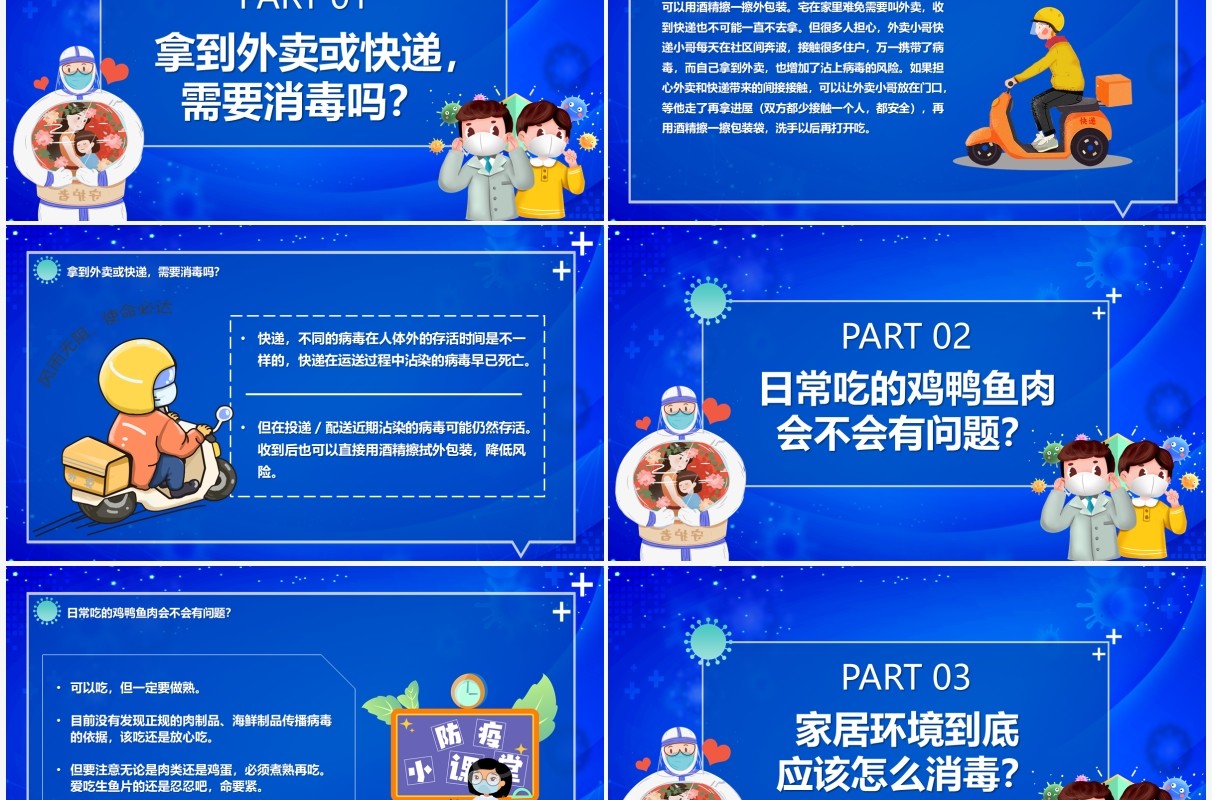 蓝色卡通面对新型冠状病毒如何居家防疫PPT模板