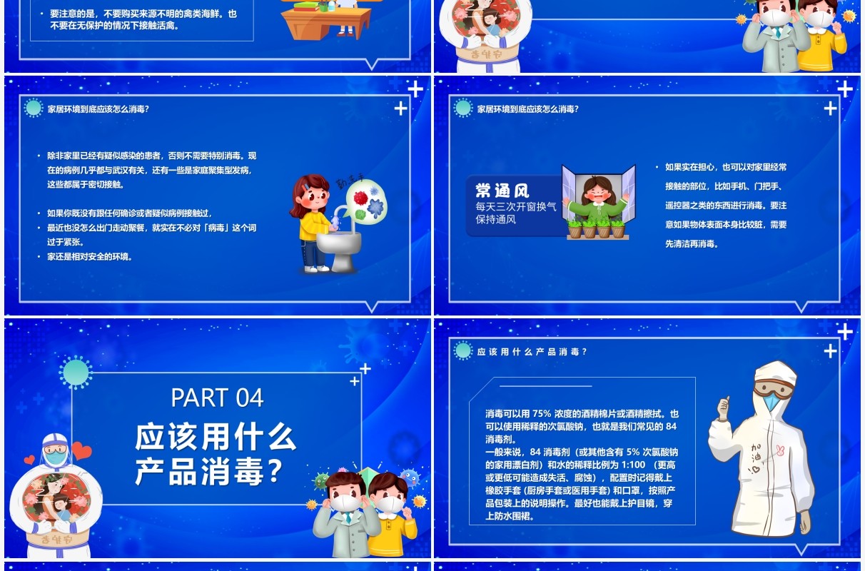 蓝色卡通面对新型冠状病毒如何居家防疫PPT模板
