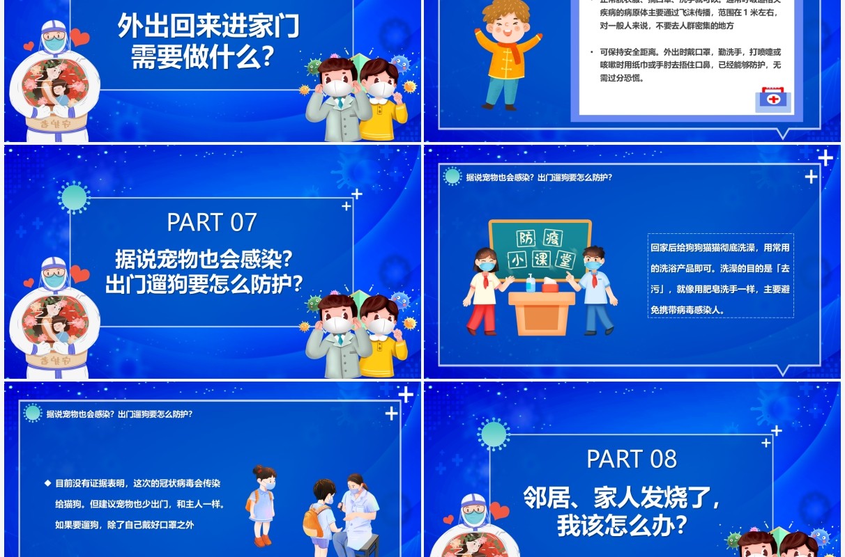 蓝色卡通面对新型冠状病毒如何居家防疫PPT模板