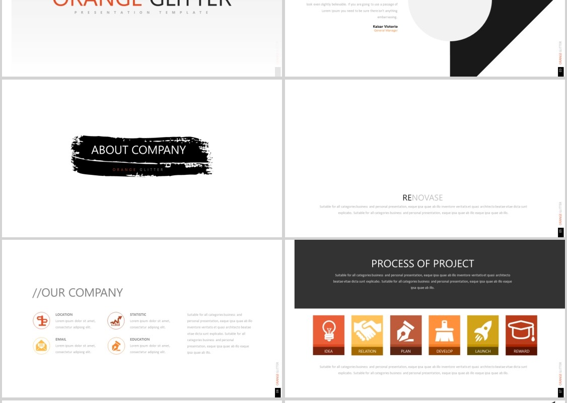公司介绍产品宣传PPT信息图表模板可插图片ORANGE GLITTER Powerpoint