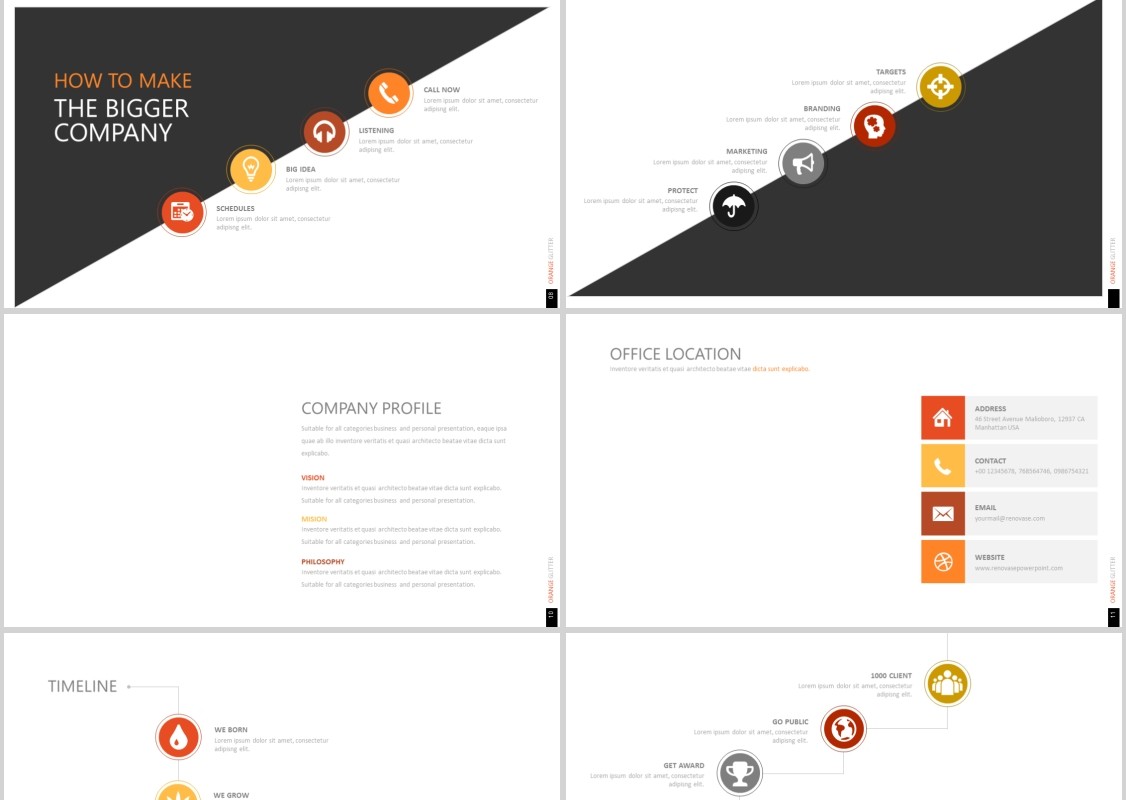 公司介绍产品宣传PPT信息图表模板可插图片ORANGE GLITTER Powerpoint