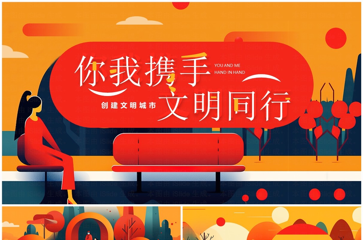 橙色扁平插画风创建文明城市PPT模板