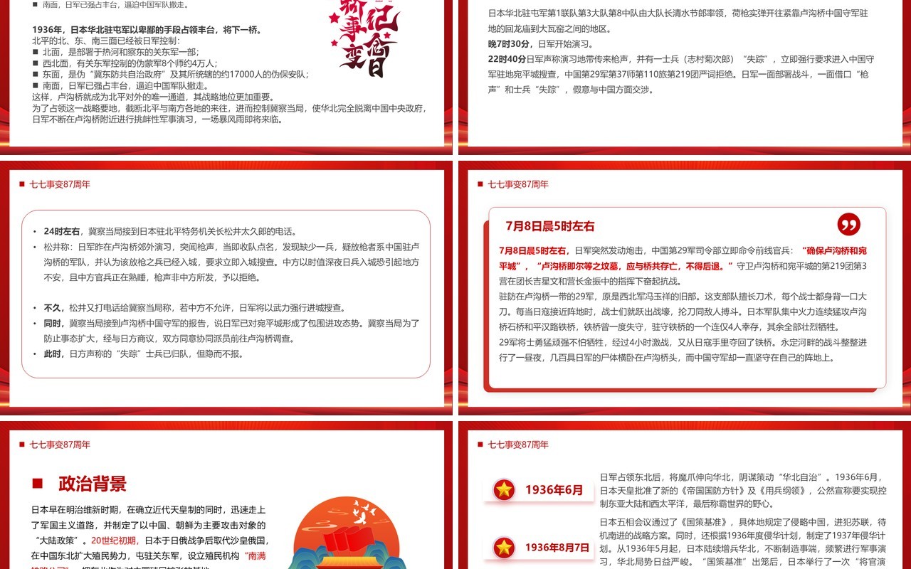 红色党政风七七事变87周年PPT模板