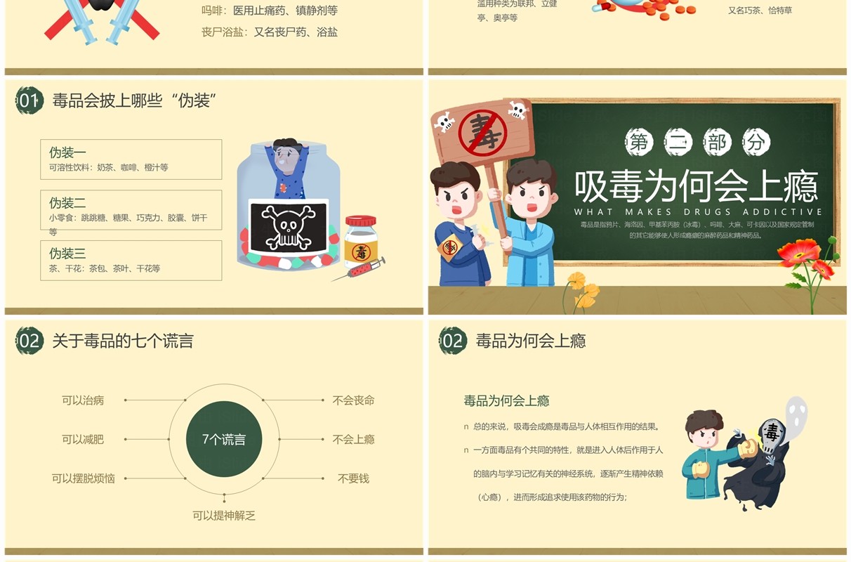 黄色卡通风禁毒宣传进校园PPT模板