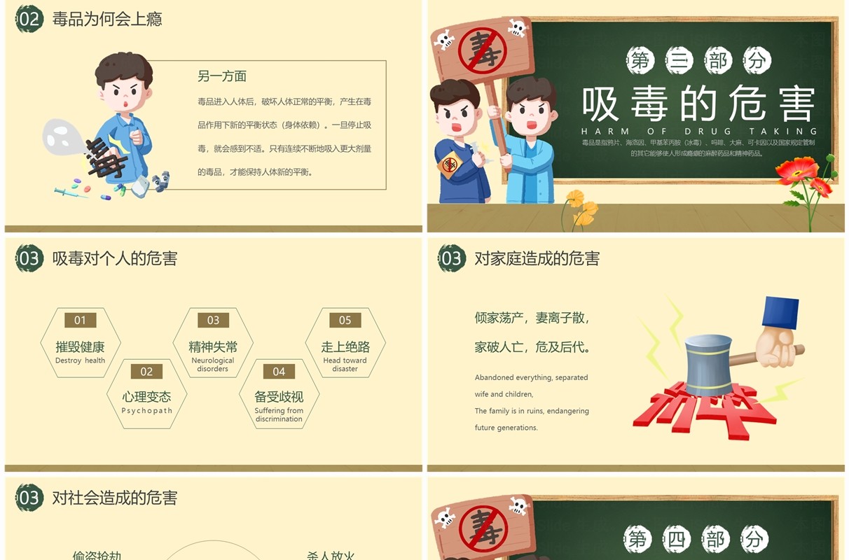 黄色卡通风禁毒宣传进校园PPT模板