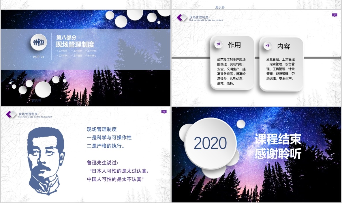 紫蓝色星空微粒体生产现场管理培训课件PPT模板