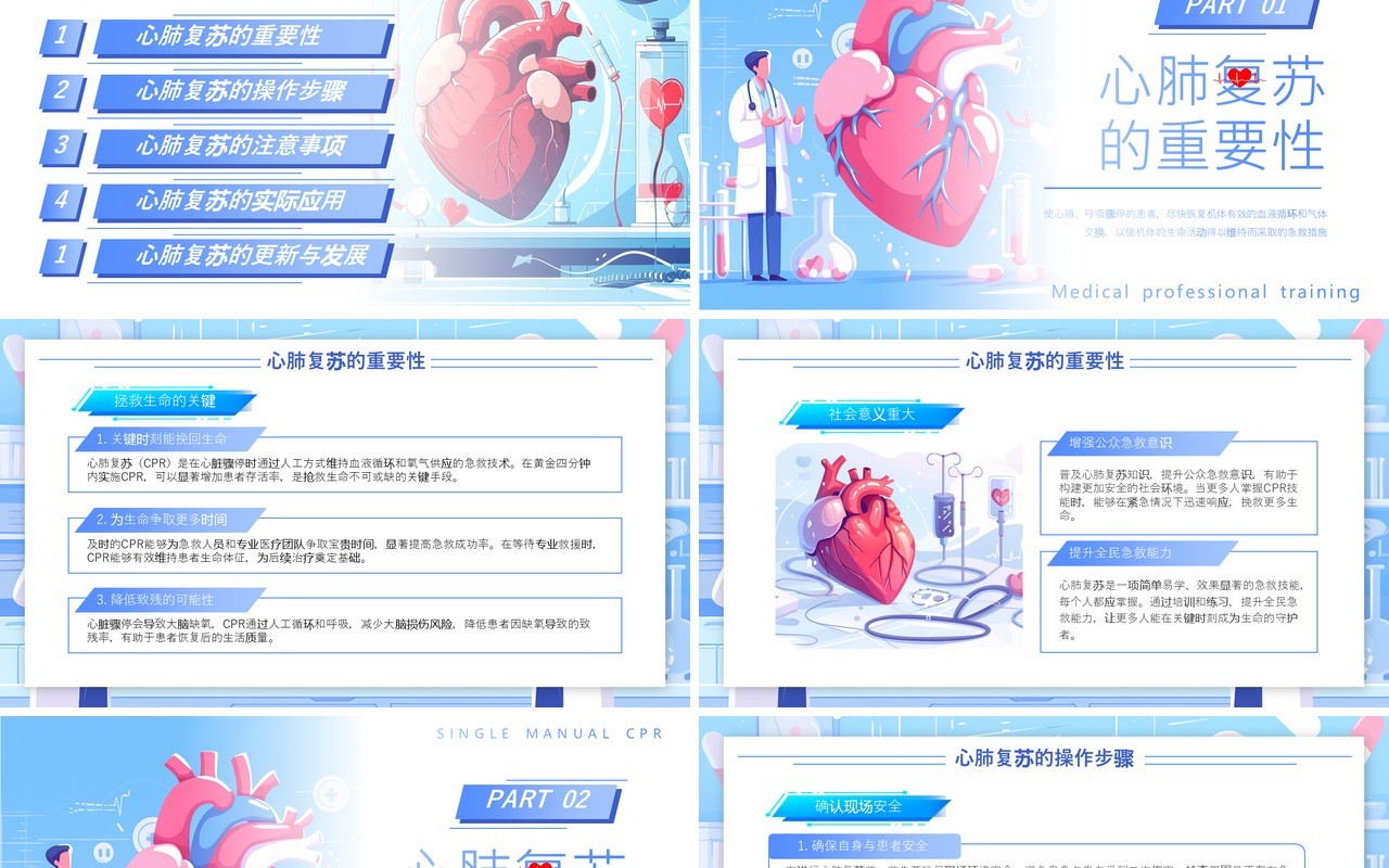 蓝色插画风心肺复苏急救措施培训PPT模板