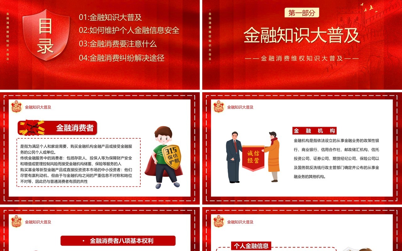 红色简约金融诚信315消费者维权知识PPT模板