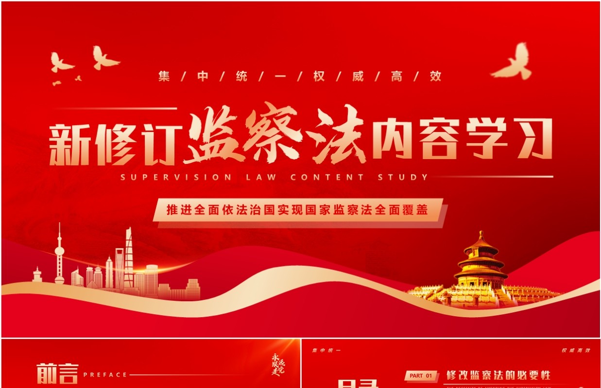 红色简约风新修订监察法内容学习PPT模板