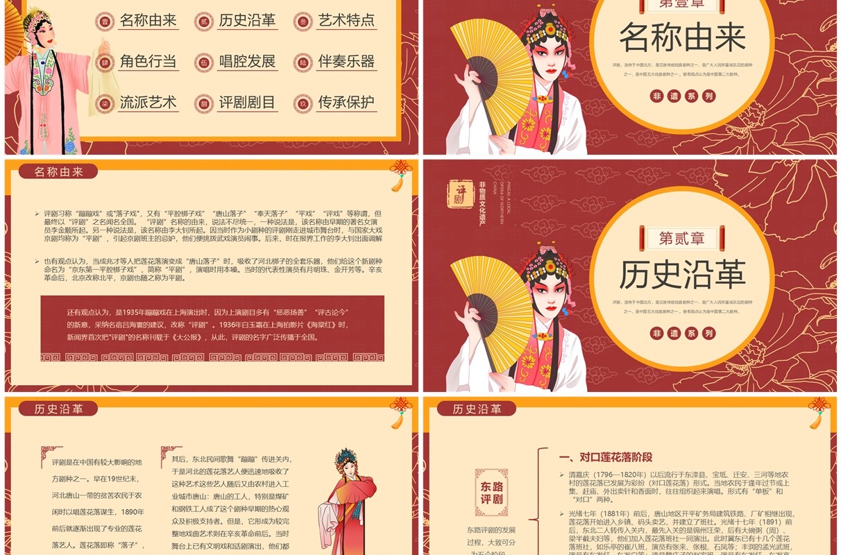 红色中国风非遗系列之评剧介绍PPT模板