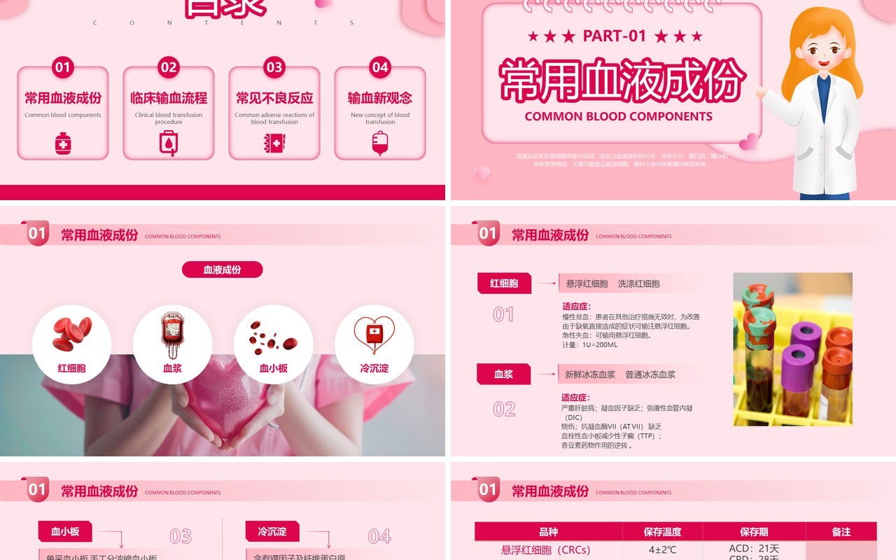 粉色扁平化输血相关知识培训PPT模板
