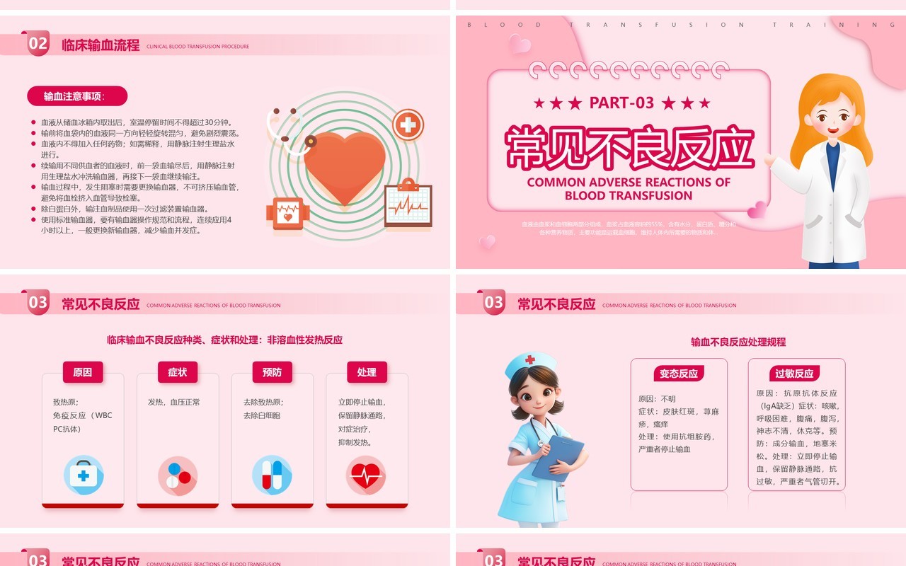 粉色扁平化输血相关知识培训PPT模板