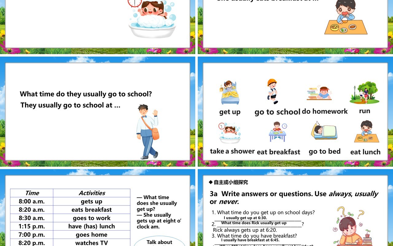 人教版七年级英语下册What time do you go to school课件PPT模板