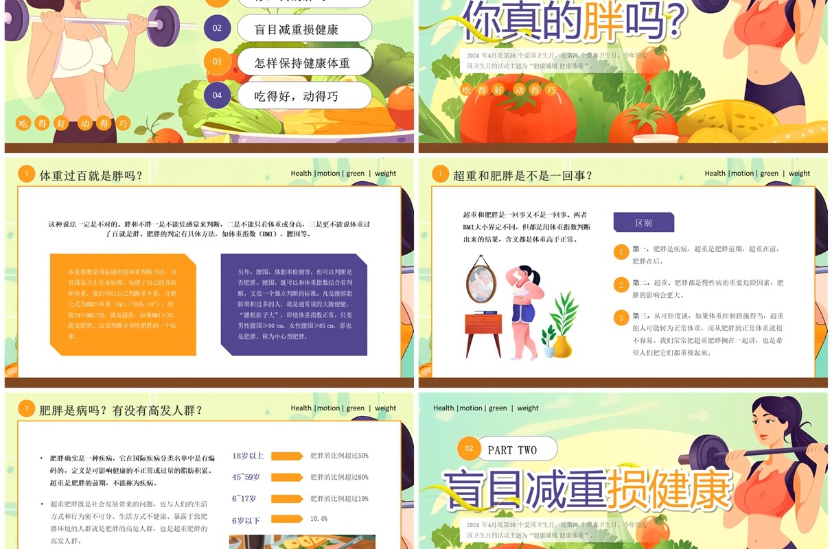 绿色卡通风爱国卫生月健康城镇健康体重PPT模板