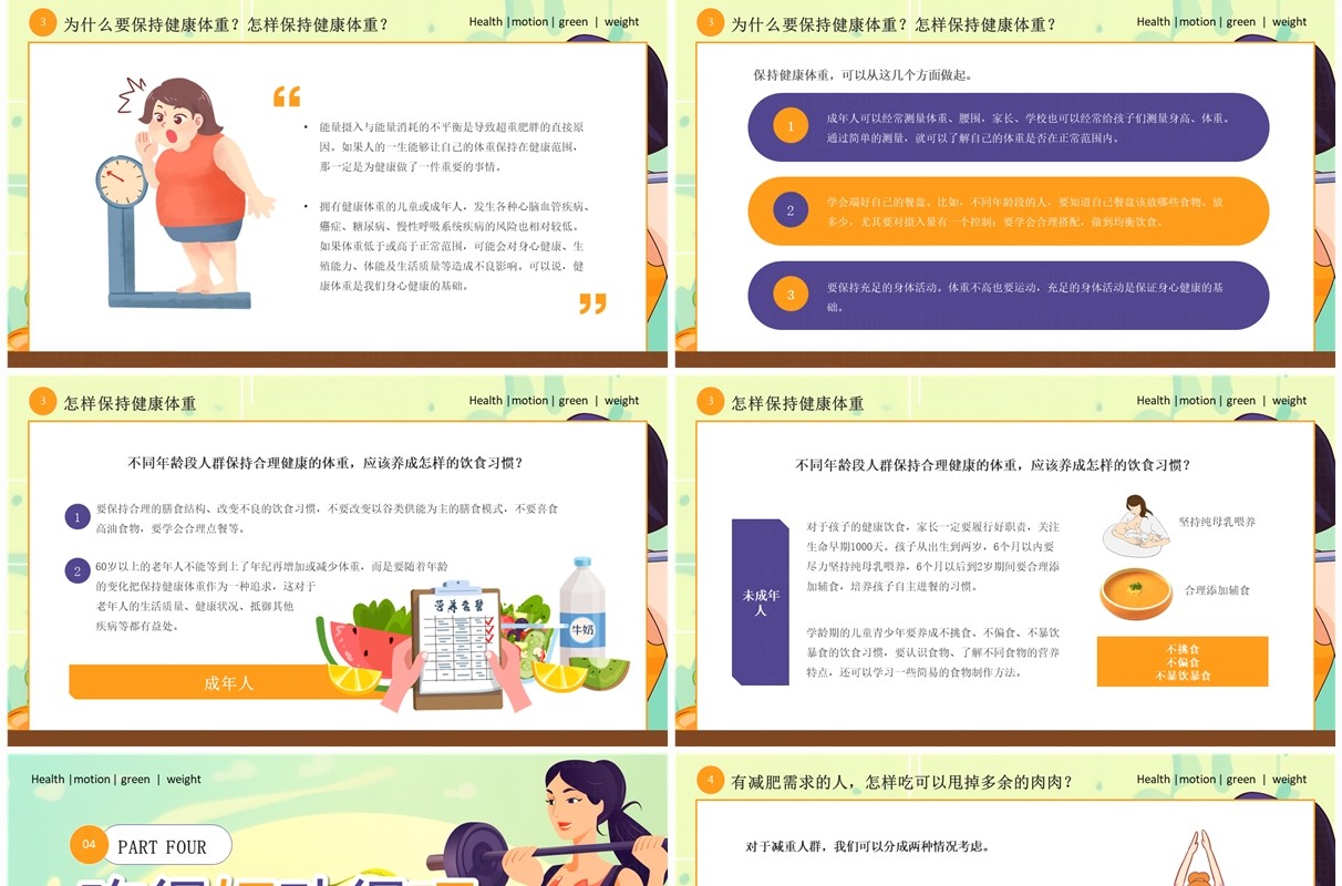 绿色卡通风爱国卫生月健康城镇健康体重PPT模板