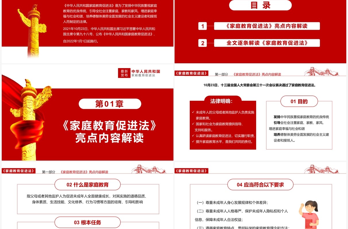 红色简约2022最新发布“家庭教育促进法”解读PPT模板