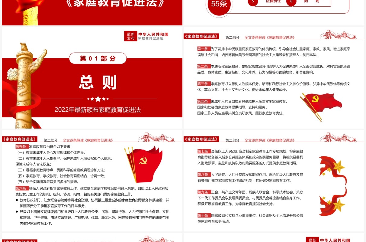 红色简约2022最新发布“家庭教育促进法”解读PPT模板