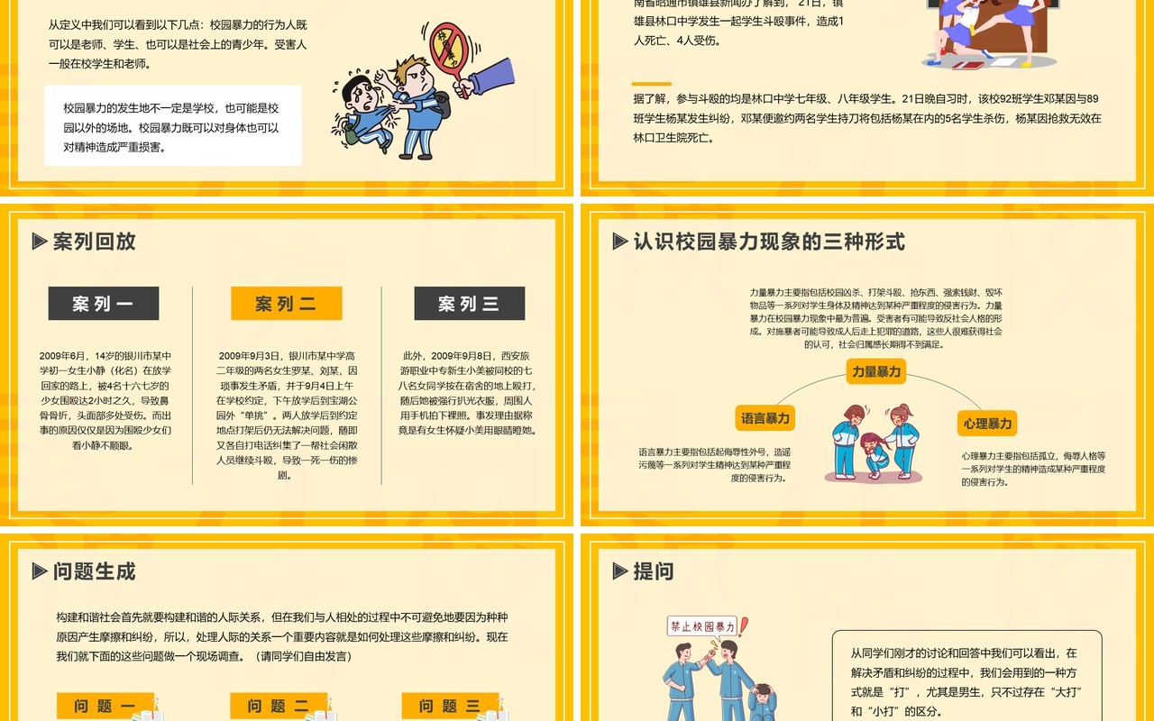 黄色卡通风抵制校园暴力动态PPT模板