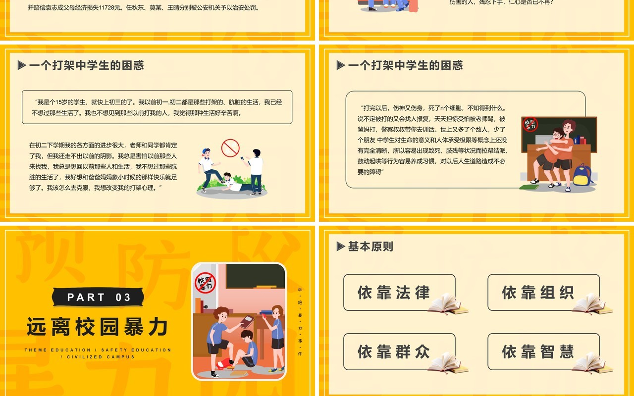 黄色卡通风抵制校园暴力动态PPT模板