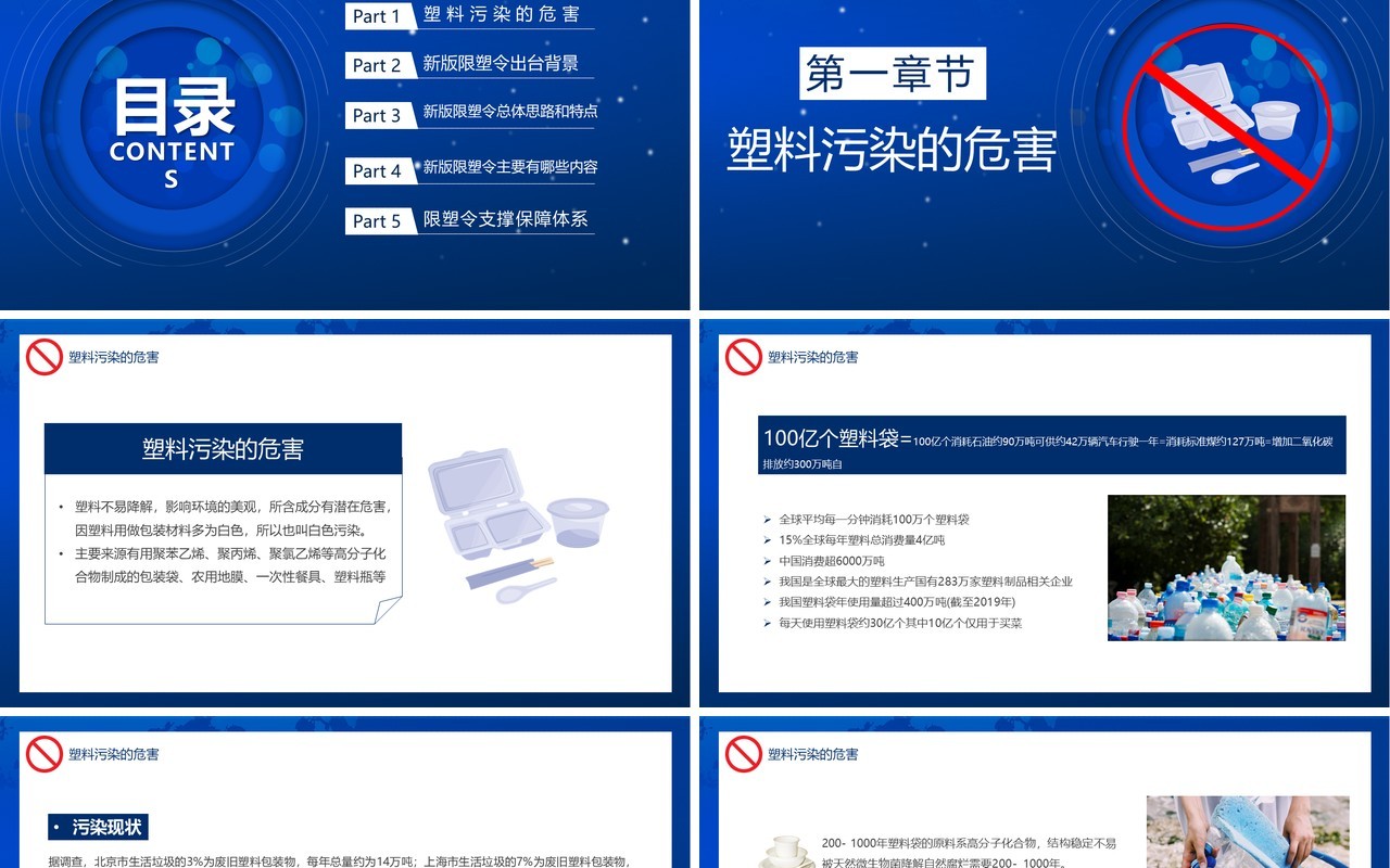 蓝色简约风减少使用塑料制品禁塑令PPT模板