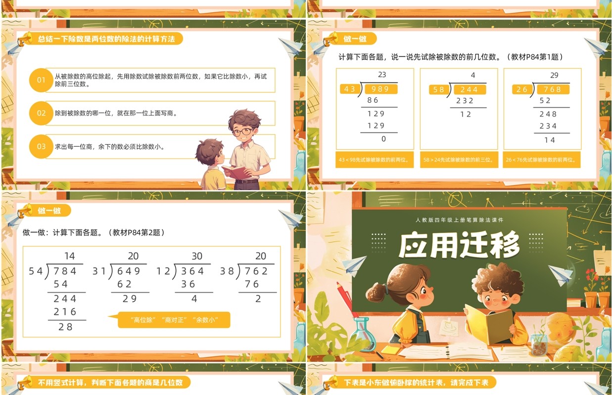黄色卡通除数是两位数的笔算除法PPT模板