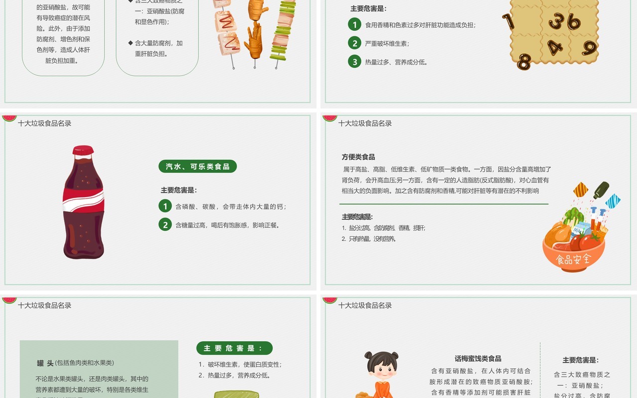 绿色卡通风中小学生食品安全教育PPT模板