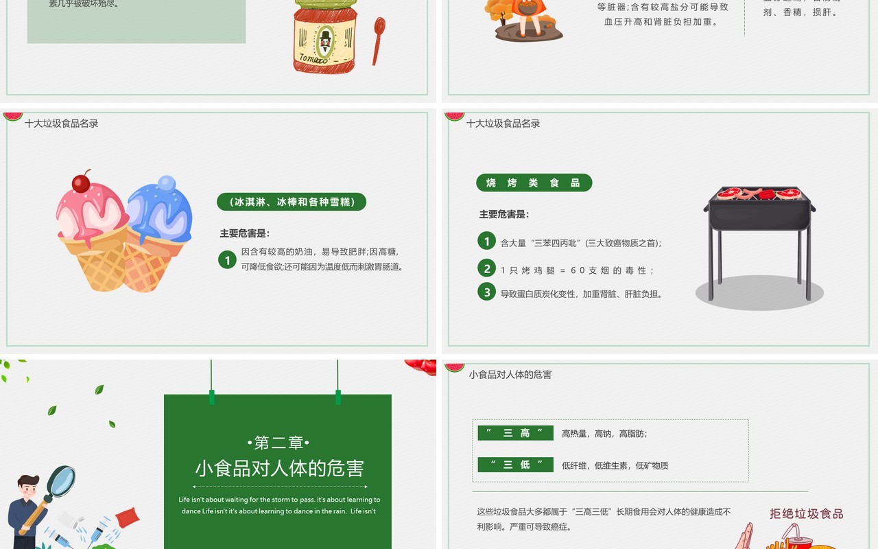 绿色卡通风中小学生食品安全教育PPT模板