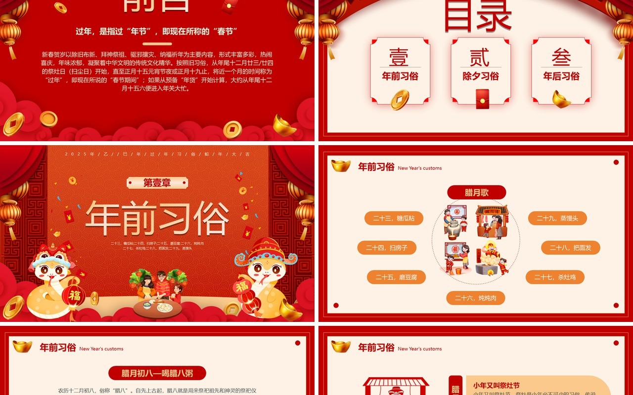 红色中国风2025过年习俗介绍PPT模板