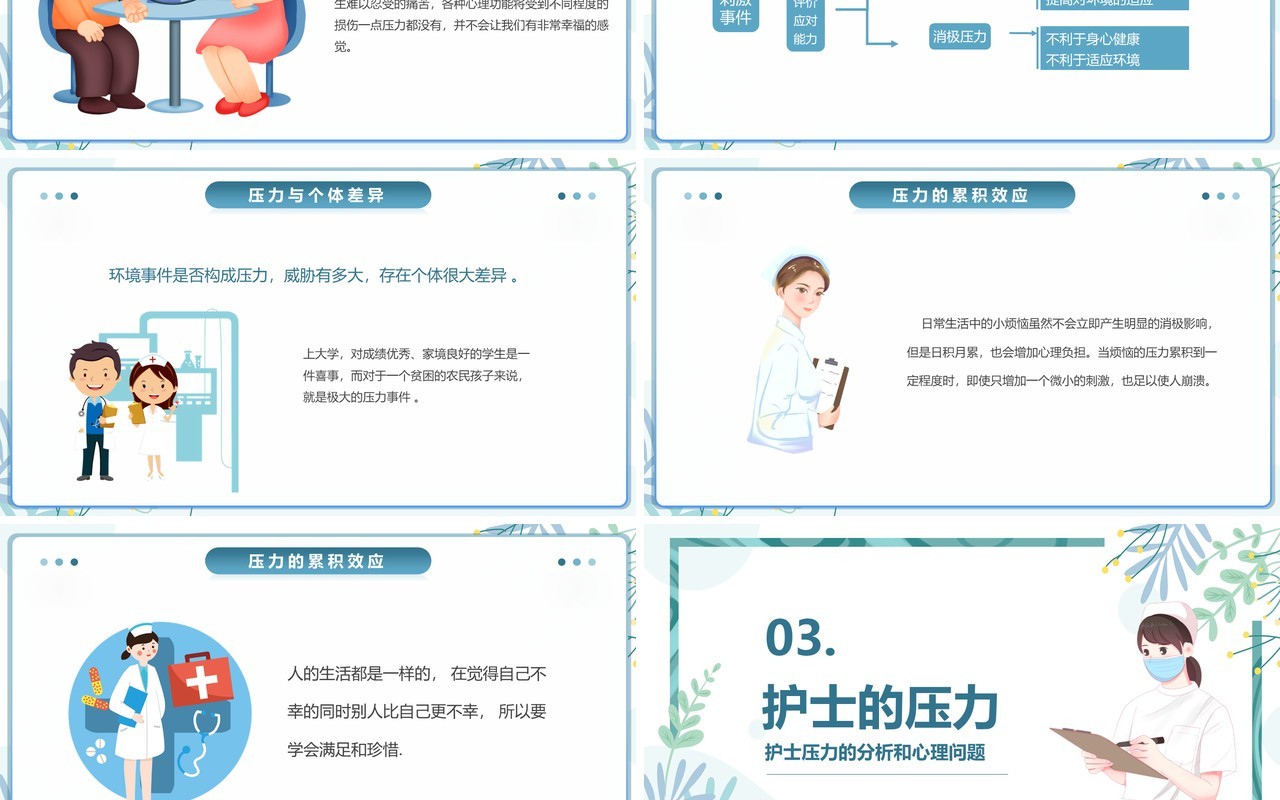 蓝色插画护士压力与情绪管理PPT模板