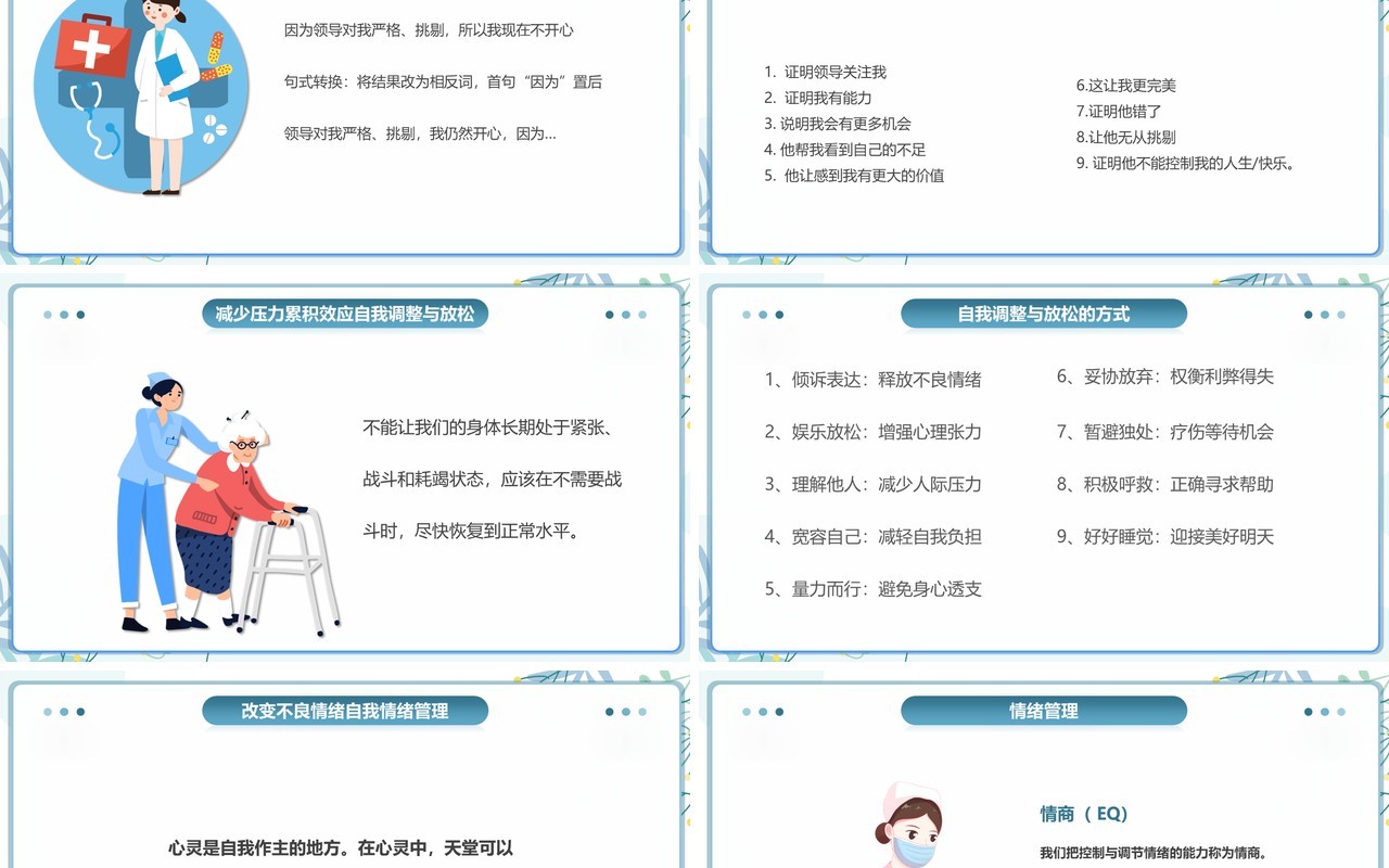 蓝色插画护士压力与情绪管理PPT模板