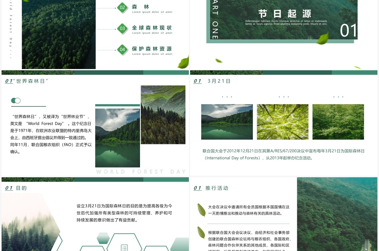 清新简约风世界森林日宣传介绍PPT模板