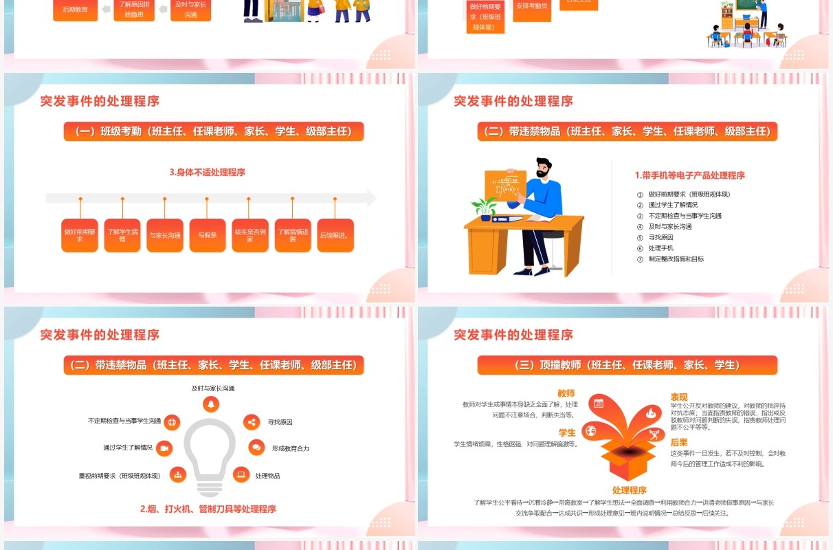橙色卡通风班级突发事件处理流程学习培训PPT模板