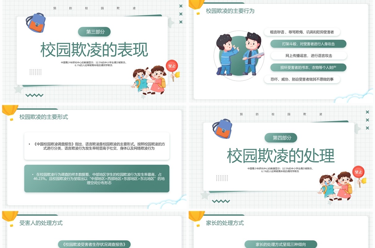 绿色卡通风预防校园欺凌班会PPT模板