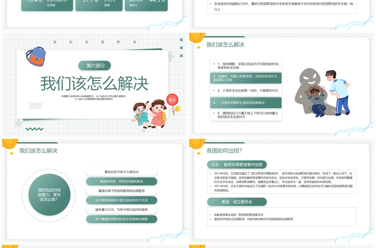 绿色卡通风预防校园欺凌班会PPT模板