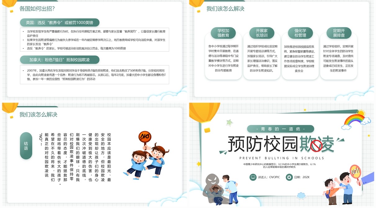 绿色卡通风预防校园欺凌班会PPT模板
