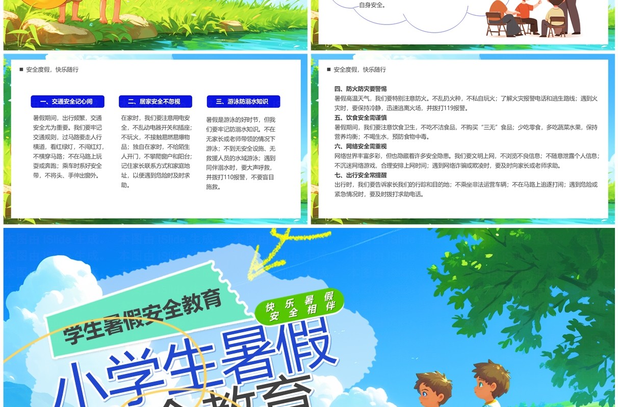 蓝色插画风小学生暑假安全教育PPT模板