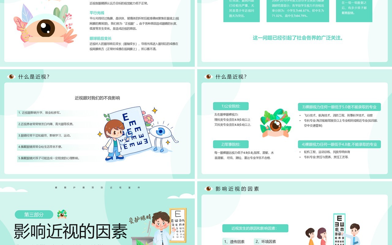 绿色卡通风爱眼护眼预防近视宣传PPT模板
