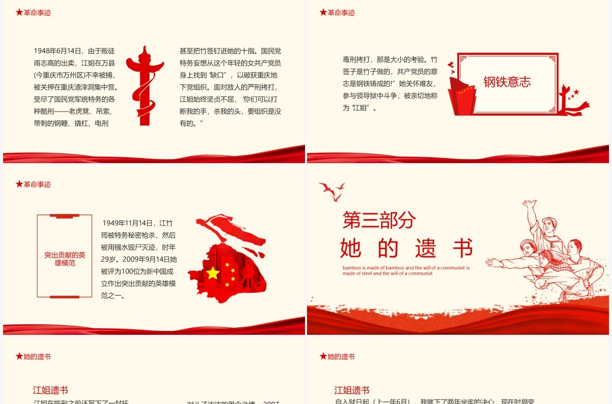 革命女英雄江姐竹签子是竹子做的共产党员的意志是钢铁铸成的动态PPT模板