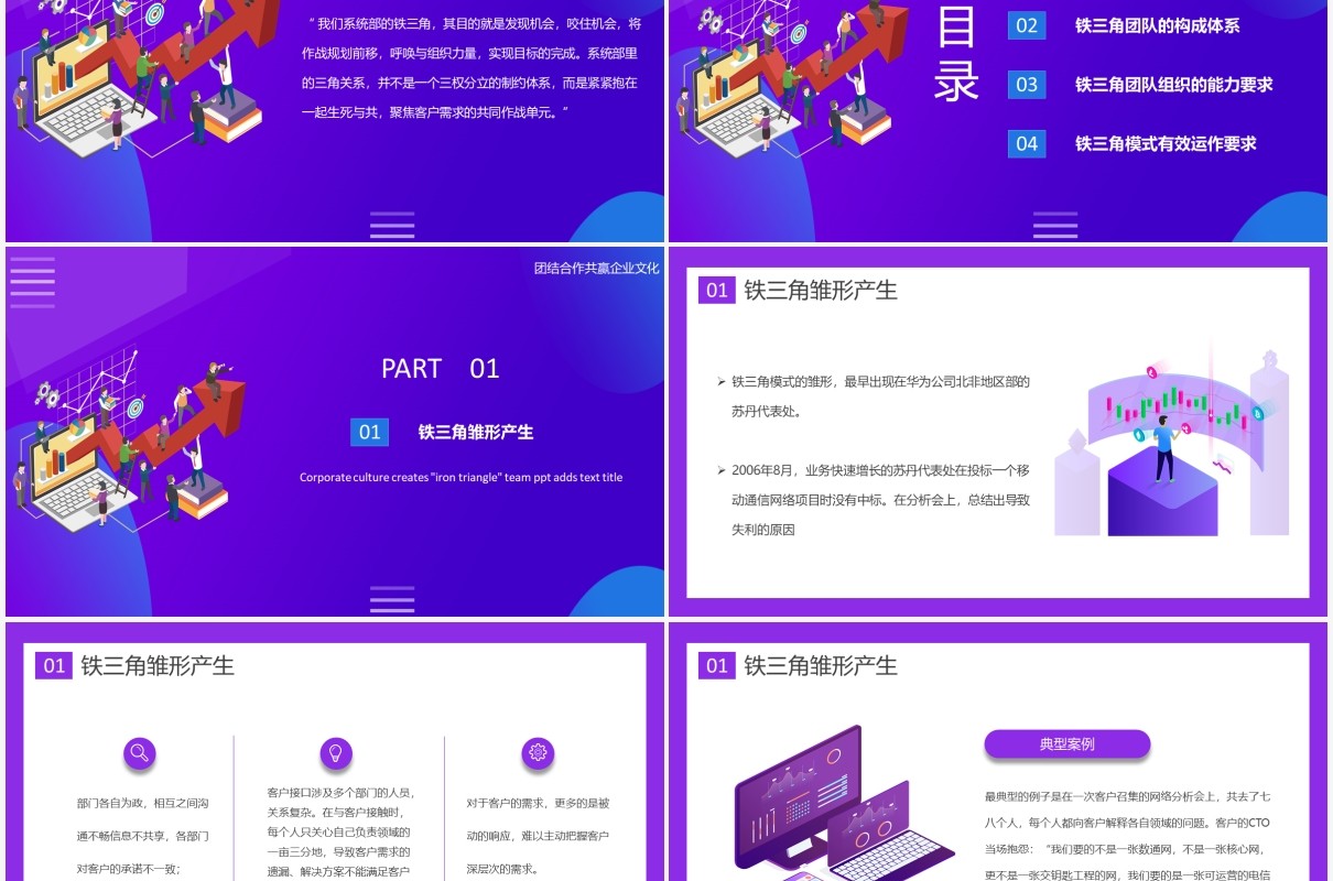紫色简约企业文化打造铁三角团队员工管理培训PPT模板