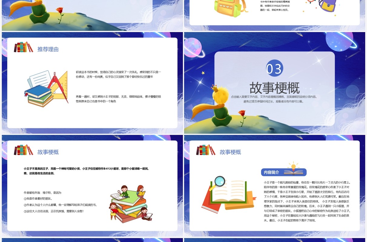 蓝色卡通小王子读书分享PPT动态模板