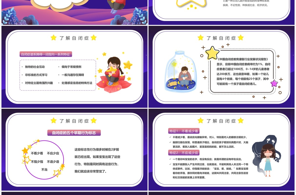 蓝紫色卡通关爱自闭症儿童公益宣传PPT模板