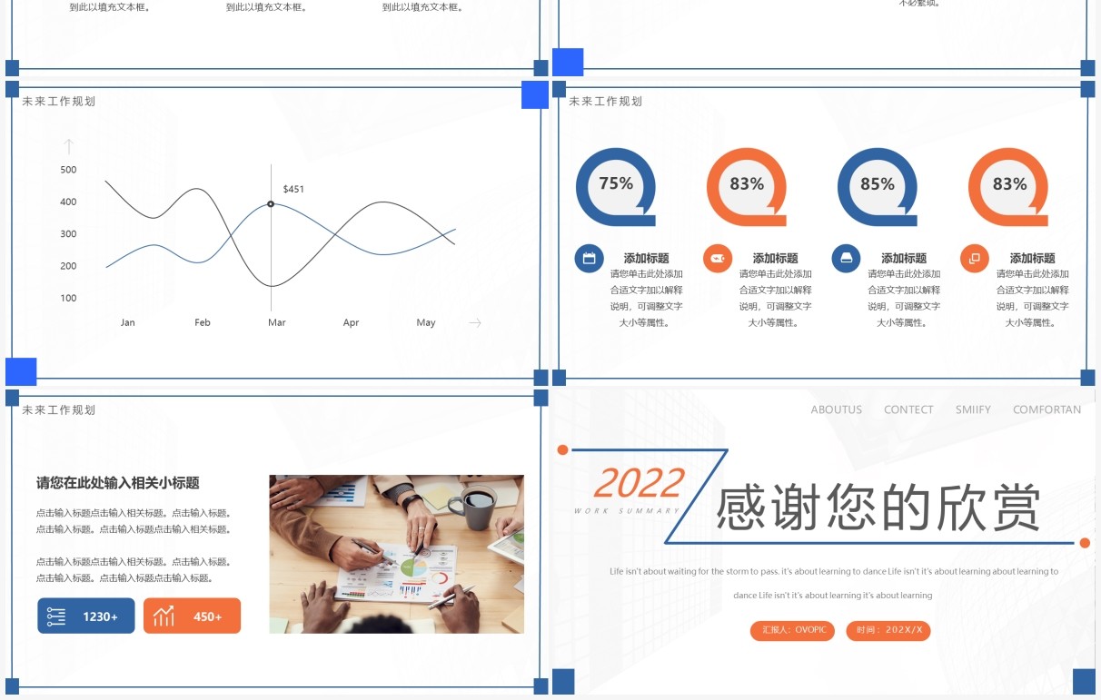 蓝橙色线条商务风年度工作总结PPT模板