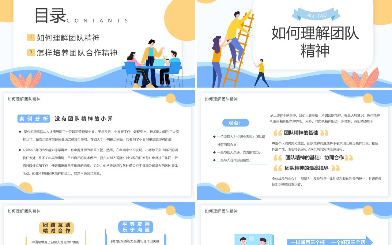 黄蓝扁平风如何完美的实现团队合作PPT模板