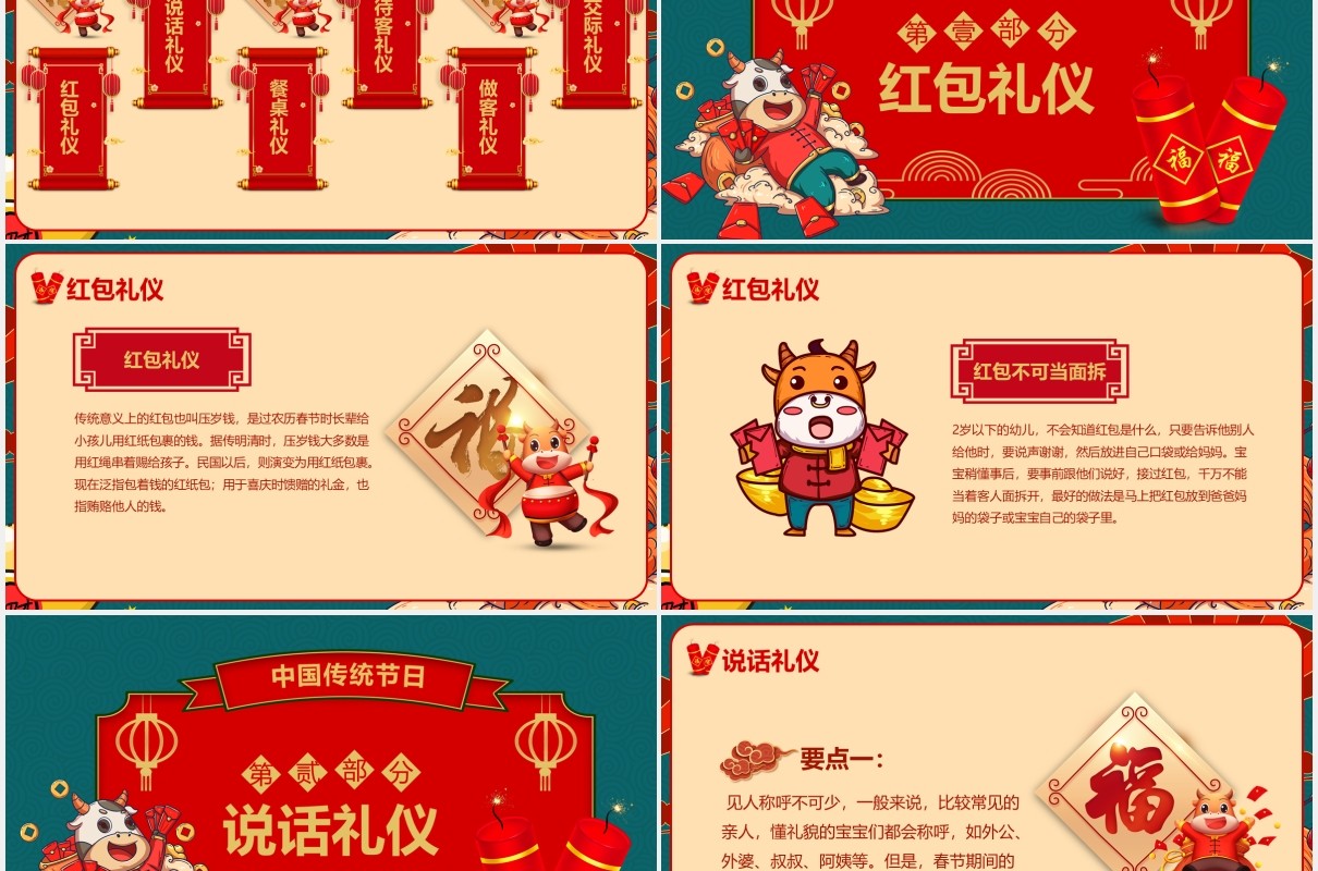 国潮风牛年新年中国传统节日春节礼仪介绍PPT模板