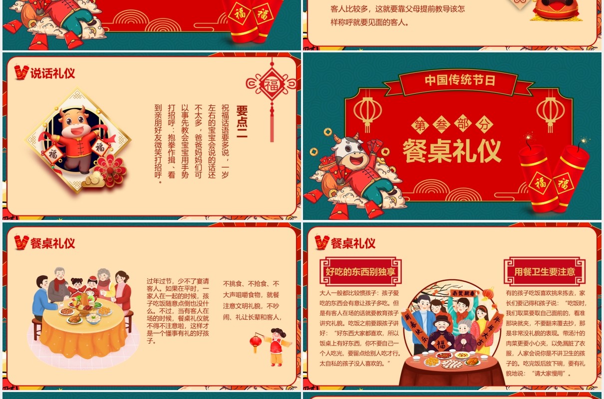 国潮风牛年新年中国传统节日春节礼仪介绍PPT模板