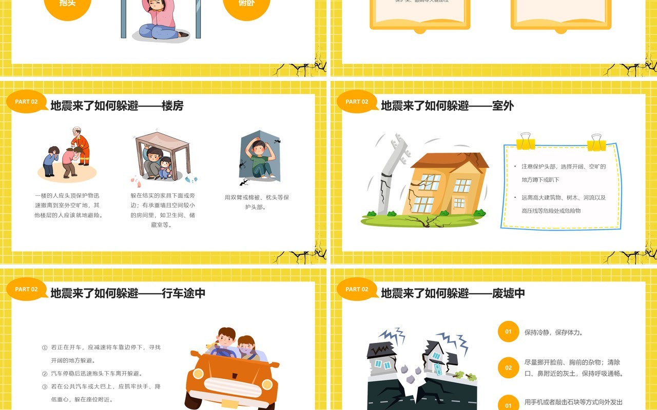 黄色卡通风幼儿园防震知识科普PPT模板