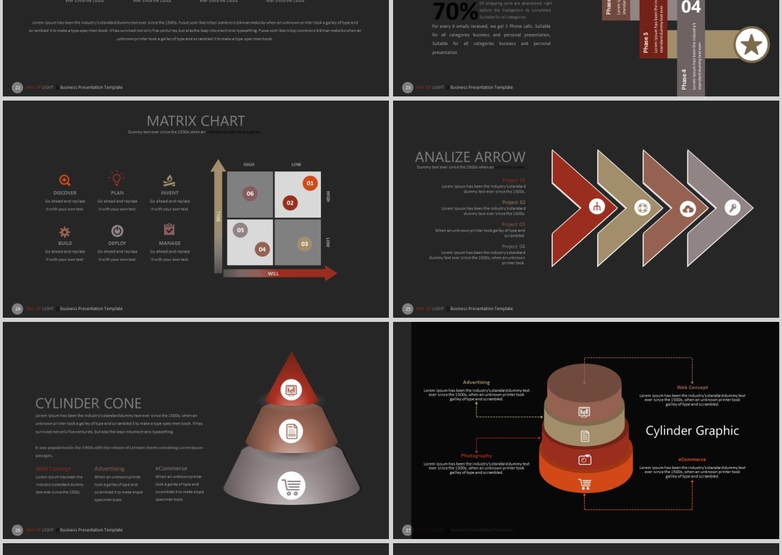 黑色商务PPT信息图表模板RAY OF LIGHT Powerpoint